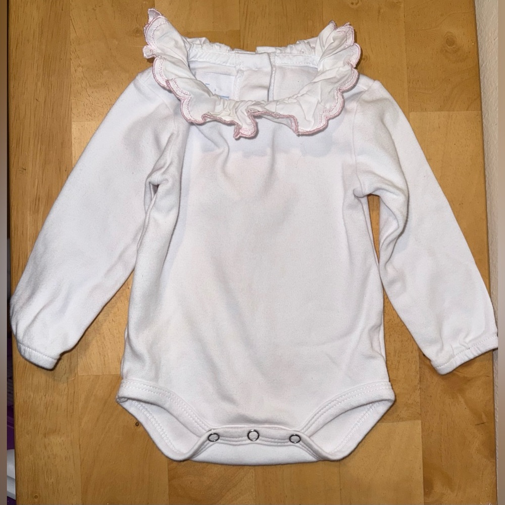 Little English long sleeve bodysuit with ruffled pink collar, size  6 mos